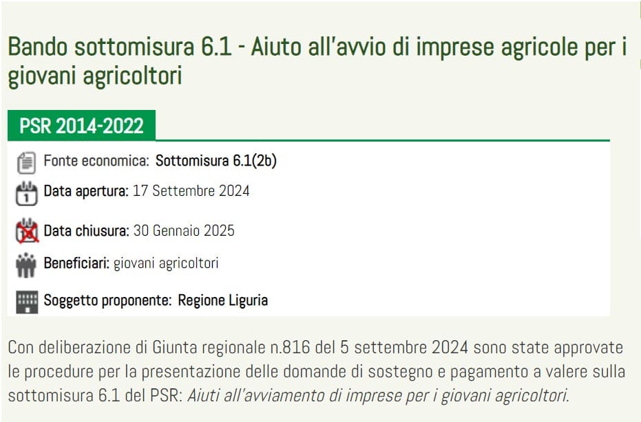 Bando sottomisura 6.1 — Aiuto all’avvio di imprese agricole per i giovani agricoltori Liguria